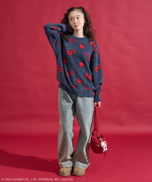 FREAK'S STORE(フリークスストア)の「SANRIO/サンリオ 「HELLO KITTY」 シャギー リボン 総柄 ニット(ニット/セーター・レディース・ネイビー/ホワイト・FREE)」の5枚目の写真