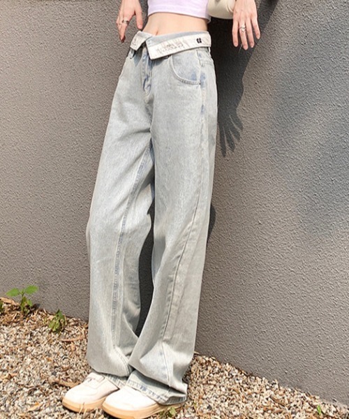 Mejoul(メジュール)の「【2026春夏新作】ウエスト折り返しハイウエストワイドデニムパンツ(デニムパンツ・レディース・ブルー・M/L)」の1枚目の写真