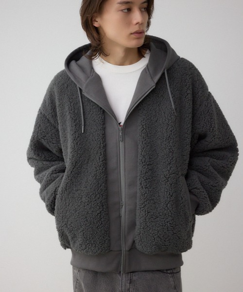 AZUL by moussy（アズールバイマウジー）の「シープボア×スウェット切替防風ブルゾン（スウェット・メンズ・カーキ/ブラック/チャコールグレー・LARGE/MEDIUM）」の3枚目の写真