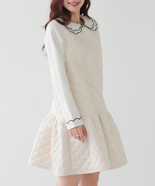 Fit more（フィットモア）の「ベロアキルティングドットジャンスカ（ジャンパースカート・レディース・ブラック/アイボリー・LONG/SHORT）」の4枚目の写真