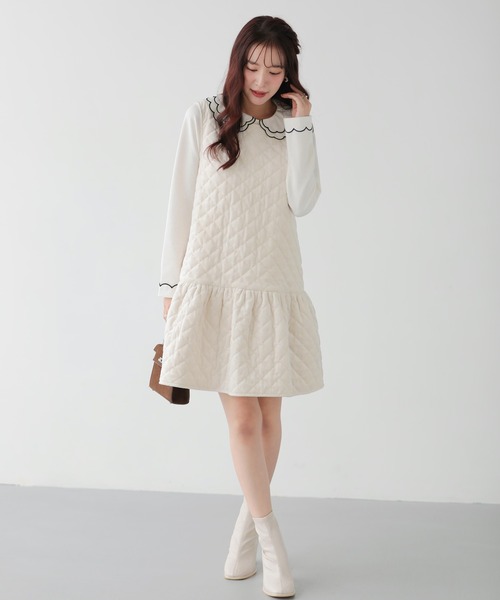 Fit more（フィットモア）の「ベロアキルティングドットジャンスカ（ジャンパースカート・レディース・ブラック/アイボリー・LONG/SHORT）」の5枚目の写真