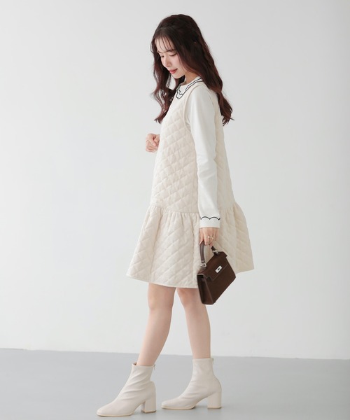Fit more（フィットモア）の「ベロアキルティングドットジャンスカ（ジャンパースカート・レディース・ブラック/アイボリー・LONG/SHORT）」の6枚目の写真
