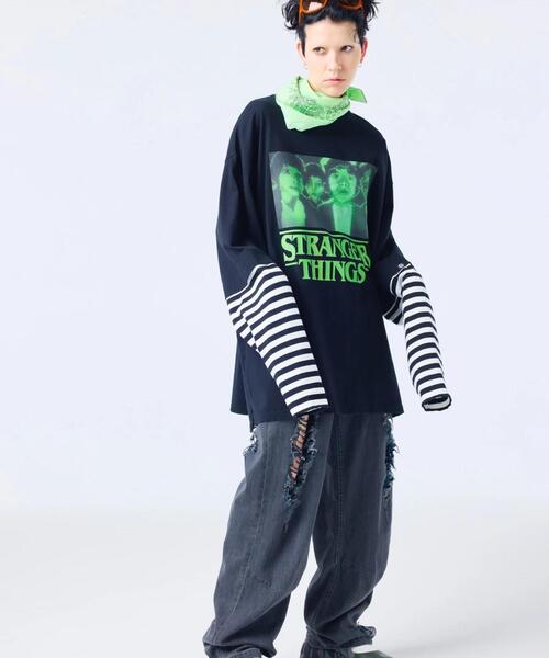 Little sunny bite(リトルサニーバイト)の「littlesunnybite/リトルサニーバイト/stranger things x little sunny bite graphic fake layered long tee(Tシャツ/カットソー・レディース・ピンク/ホワイト/ブラック・M/S)」の5枚目の写真