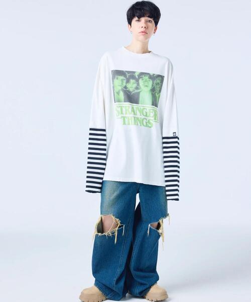 Little sunny bite(リトルサニーバイト)の「littlesunnybite/リトルサニーバイト/stranger things x little sunny bite graphic fake layered long tee(Tシャツ/カットソー・レディース・ピンク/ホワイト/ブラック・M/S)」の7枚目の写真