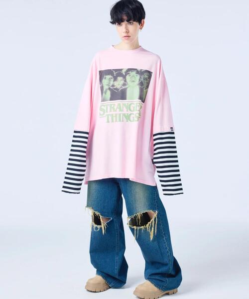 Little sunny bite(リトルサニーバイト)の「littlesunnybite/リトルサニーバイト/stranger things x little sunny bite graphic fake layered long tee(Tシャツ/カットソー・レディース・ピンク/ホワイト/ブラック・M/S)」の15枚目の写真