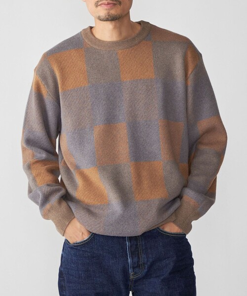 SHIPS（シップス）の「SHIPS: 〈洗濯機可能〉チェック コットンカシミヤ クルーネック（ニット/セーター・メンズ・ブルー/ベージュ/グレー/ネイビー・SMALL/X-LARGE/LARGE/MEDIUM）」の4枚目の写真