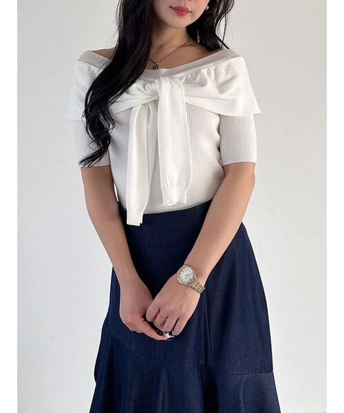 MERCURYDUO（マーキュリーデュオ）の「レイヤードライクツイストニット（ニット/セーター・レディース・オフホワイト/ライトブルー/ブラック・FREE）」の17枚目の写真