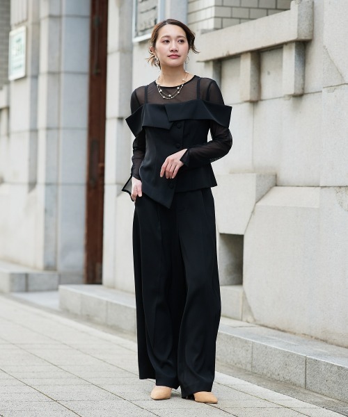 Jolie et Jolie(ジョリーエジョリー)の「オフショルペプラムトップス×ワイドパンツ(パンツドレス・レディース・ブラック/チャコールグレー・L/M)」の12枚目の写真