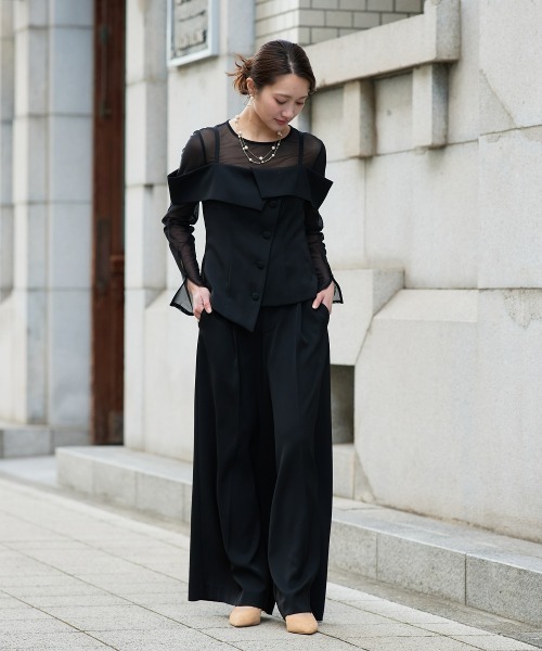 Jolie et Jolie(ジョリーエジョリー)の「オフショルペプラムトップス×ワイドパンツ(パンツドレス・レディース・ブラック/チャコールグレー・L/M)」の13枚目の写真