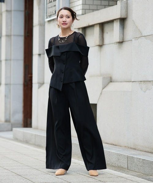 Jolie et Jolie(ジョリーエジョリー)の「オフショルペプラムトップス×ワイドパンツ(パンツドレス・レディース・ブラック/チャコールグレー・L/M)」の15枚目の写真