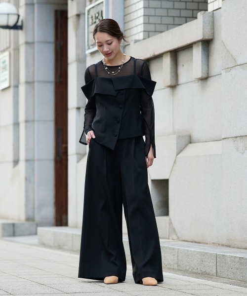 Jolie et Jolie(ジョリーエジョリー)の「オフショルペプラムトップス×ワイドパンツ(パンツドレス・レディース・ブラック/チャコールグレー・L/M)」の17枚目の写真