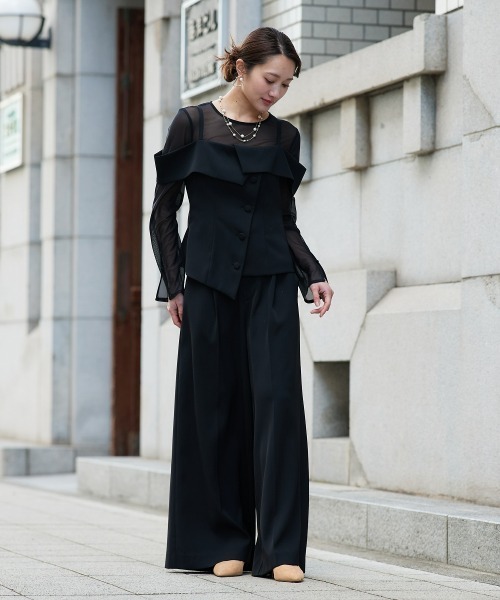 Jolie et Jolie(ジョリーエジョリー)の「オフショルペプラムトップス×ワイドパンツ(パンツドレス・レディース・ブラック/チャコールグレー・L/M)」の19枚目の写真