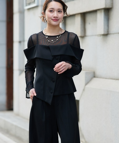 Jolie et Jolie(ジョリーエジョリー)の「オフショルペプラムトップス×ワイドパンツ(パンツドレス・レディース・ブラック/チャコールグレー・L/M)」の4枚目の写真