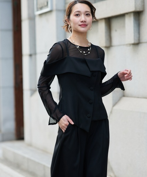 Jolie et Jolie(ジョリーエジョリー)の「オフショルペプラムトップス×ワイドパンツ(パンツドレス・レディース・ブラック/チャコールグレー・L/M)」の5枚目の写真