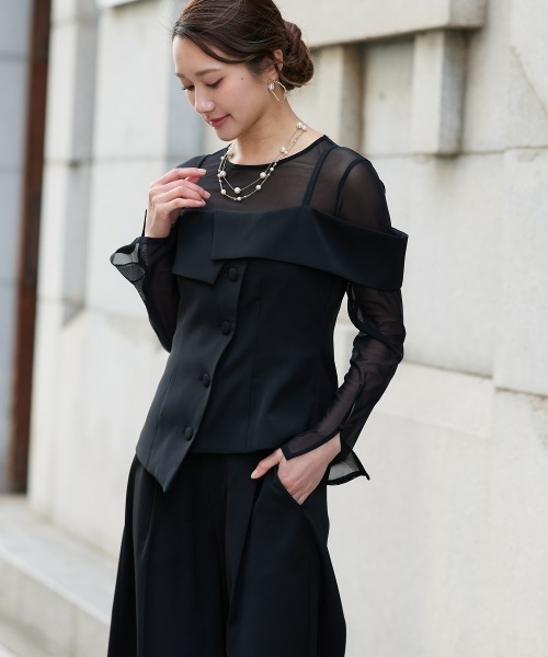 Jolie et Jolie(ジョリーエジョリー)の「オフショルペプラムトップス×ワイドパンツ(パンツドレス・レディース・ブラック/チャコールグレー・L/M)」の6枚目の写真