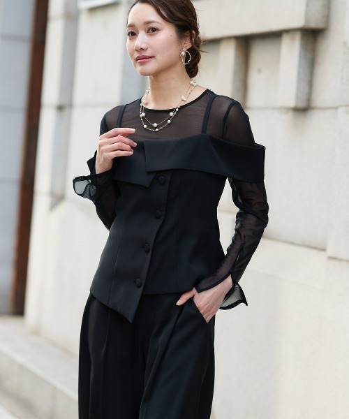 Jolie et Jolie(ジョリーエジョリー)の「オフショルペプラムトップス×ワイドパンツ(パンツドレス・レディース・ブラック/チャコールグレー・L/M)」の7枚目の写真