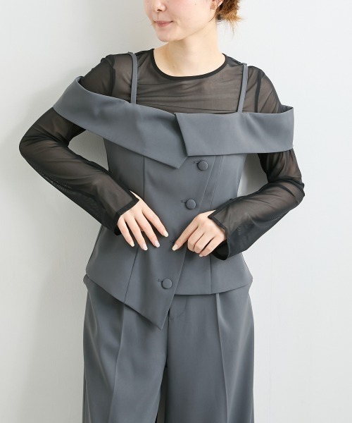 Jolie et Jolie(ジョリーエジョリー)の「オフショルペプラムトップス×ワイドパンツ(パンツドレス・レディース・ブラック/チャコールグレー・L/M)」の21枚目の写真