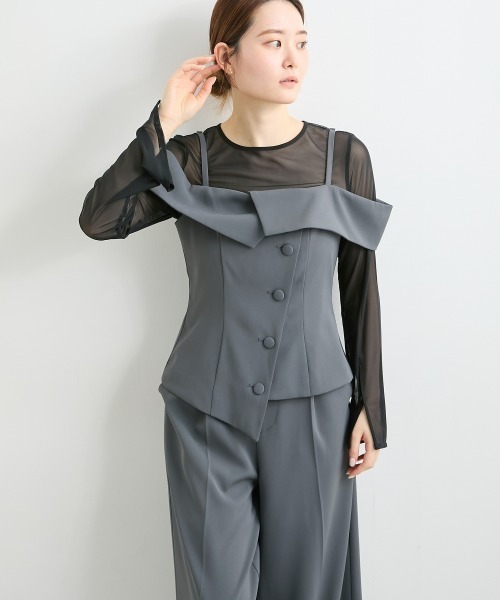 Jolie et Jolie(ジョリーエジョリー)の「オフショルペプラムトップス×ワイドパンツ(パンツドレス・レディース・ブラック/チャコールグレー・L/M)」の22枚目の写真