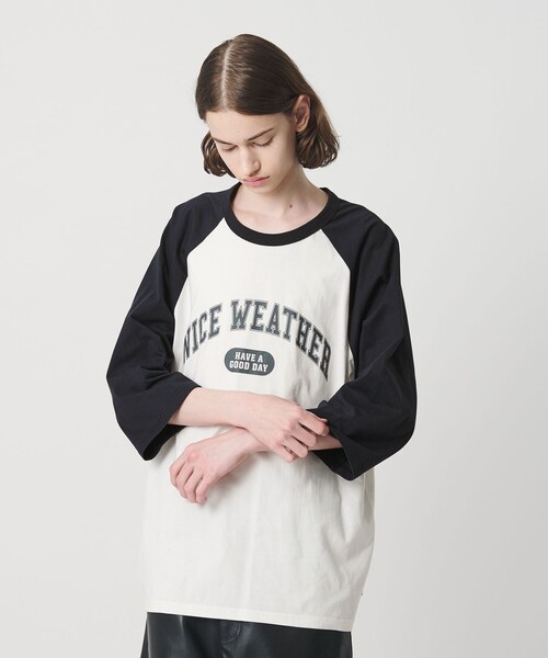 NICE WEATHER(ナイスウェザー)の「<NICE WEATHER>ロゴ ラグランTシャツ(Tシャツ/カットソー・メンズ・オリーブ/ネイビー・M/XS/S/L)」の2枚目の写真