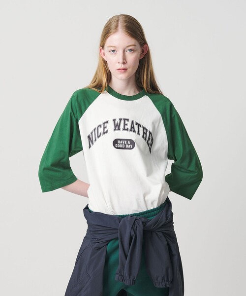 NICE WEATHER(ナイスウェザー)の「<NICE WEATHER>ロゴ ラグランTシャツ(Tシャツ/カットソー・メンズ・オリーブ/ネイビー・M/XS/S/L)」の1枚目の写真