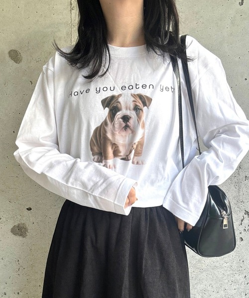 etta（エタ）の「ブルドッグプリントロンT／長袖Tシャツ（Tシャツ/カットソー・レディース・ホワイト・MEDIUM/LARGE/SMALL）」の2枚目の写真