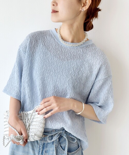 SHIPS(シップス)の「〈手洗い可能〉ランダムブルーゼ 5分袖 プルオーバー(Tシャツ/カットソー・レディース・ライトブルー/ブラック/ナチュラル・ONE SIZE)」の3枚目の写真