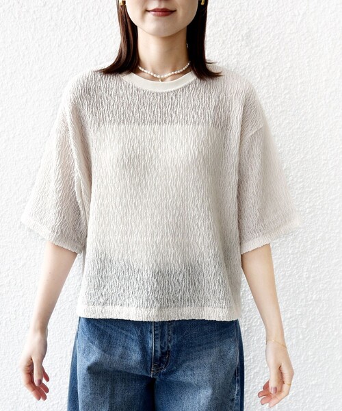 SHIPS(シップス)の「〈手洗い可能〉ランダムブルーゼ 5分袖 プルオーバー(Tシャツ/カットソー・レディース・ライトブルー/ブラック/ナチュラル・ONE SIZE)」の7枚目の写真