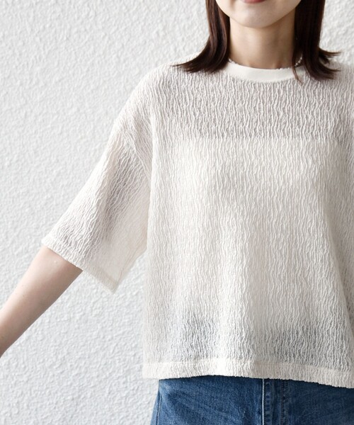 SHIPS(シップス)の「〈手洗い可能〉ランダムブルーゼ 5分袖 プルオーバー(Tシャツ/カットソー・レディース・ライトブルー/ブラック/ナチュラル・ONE SIZE)」の4枚目の写真
