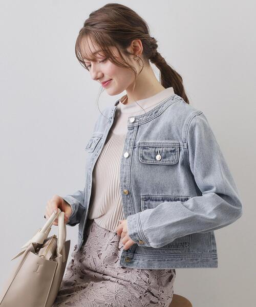 未使用品★ yumiさん　デニムジャケット　アイボリー ミニマルノーカラーデニムジャケット【洗濯機OK】（デニムジャケット