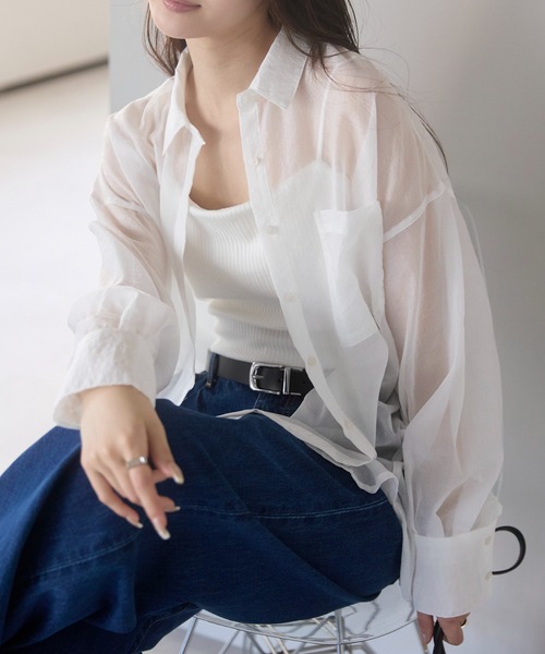 PREFERIR（プレフェリール）の「シアーオーバーシャツ / シアーブラウス（長袖・羽織り・レイヤード・シースルー）（シャツ/ブラウス・レディース・ブラック/オフホワイト・FREE）」の8枚目の写真