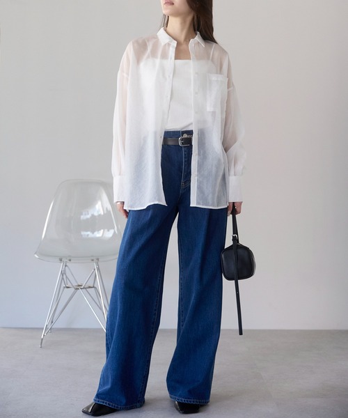 PREFERIR（プレフェリール）の「シアーオーバーシャツ / シアーブラウス（長袖・羽織り・レイヤード・シースルー）（シャツ/ブラウス・レディース・ブラック/オフホワイト・FREE）」の9枚目の写真