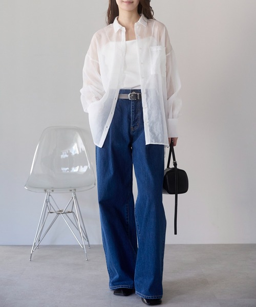 PREFERIR（プレフェリール）の「シアーオーバーシャツ / シアーブラウス（長袖・羽織り・レイヤード・シースルー）（シャツ/ブラウス・レディース・ブラック/オフホワイト・FREE）」の10枚目の写真