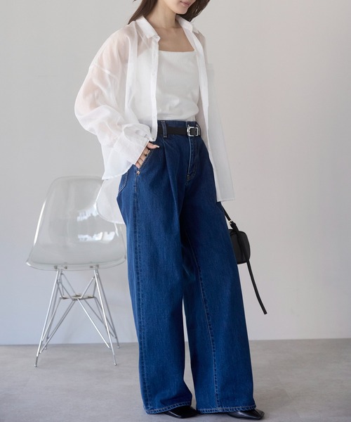 PREFERIR（プレフェリール）の「シアーオーバーシャツ / シアーブラウス（長袖・羽織り・レイヤード・シースルー）（シャツ/ブラウス・レディース・ブラック/オフホワイト・FREE）」の12枚目の写真