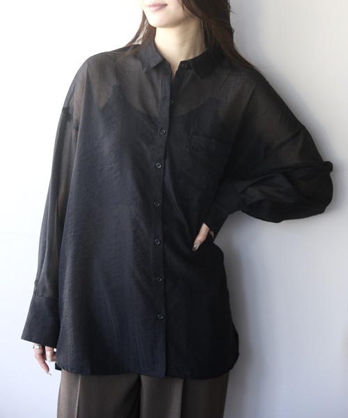 PREFERIR（プレフェリール）の「シアーオーバーシャツ / シアーブラウス（長袖・羽織り・レイヤード・シースルー）（シャツ/ブラウス・レディース・ブラック/オフホワイト・FREE）」の16枚目の写真