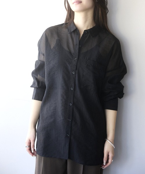 PREFERIR（プレフェリール）の「シアーオーバーシャツ / シアーブラウス（長袖・羽織り・レイヤード・シースルー）（シャツ/ブラウス・レディース・ブラック/オフホワイト・FREE）」の17枚目の写真