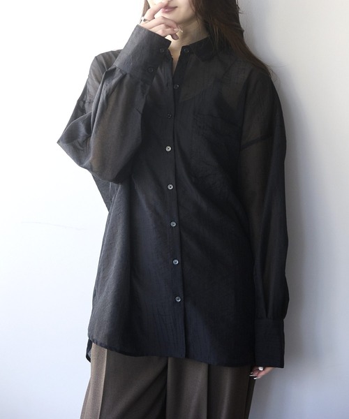 PREFERIR（プレフェリール）の「シアーオーバーシャツ / シアーブラウス（長袖・羽織り・レイヤード・シースルー）（シャツ/ブラウス・レディース・ブラック/オフホワイト・FREE）」の18枚目の写真