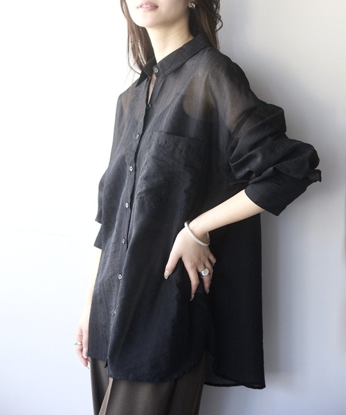 PREFERIR（プレフェリール）の「シアーオーバーシャツ / シアーブラウス（長袖・羽織り・レイヤード・シースルー）（シャツ/ブラウス・レディース・ブラック/オフホワイト・FREE）」の19枚目の写真