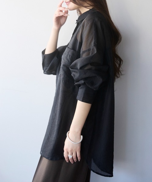 PREFERIR（プレフェリール）の「シアーオーバーシャツ / シアーブラウス（長袖・羽織り・レイヤード・シースルー）（シャツ/ブラウス・レディース・ブラック/オフホワイト・FREE）」の20枚目の写真