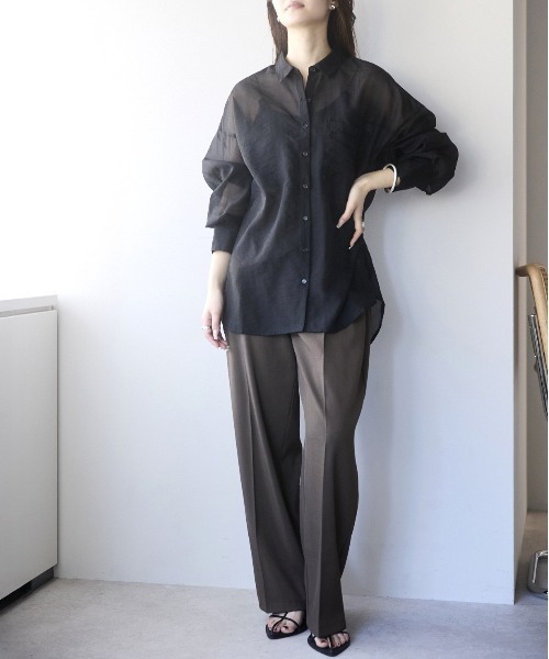 PREFERIR（プレフェリール）の「シアーオーバーシャツ / シアーブラウス（長袖・羽織り・レイヤード・シースルー）（シャツ/ブラウス・レディース・ブラック/オフホワイト・FREE）」の22枚目の写真