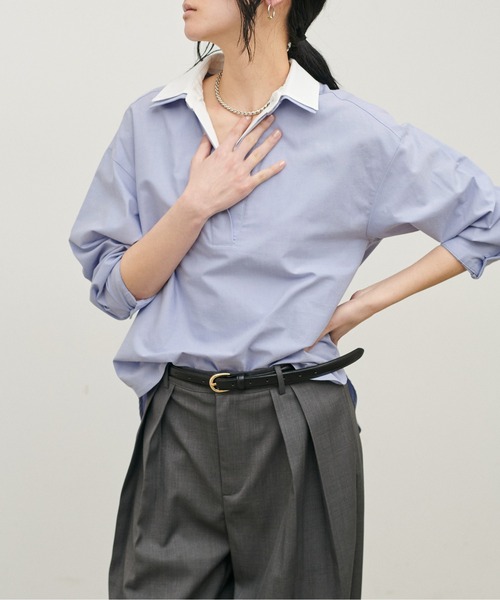 LARUTA（ラルータ）の「【LARUTA】[Web限定]2枚衿オックススキッパーシャツ（シャツ/ブラウス・レディース・ピンク/ストライプ/サックスブルー・MEDIUM）」の2枚目の写真