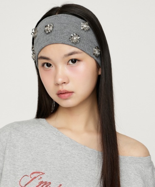 SLY(スライ)の「FLOWER SPARKLY HAIR BAND フラワースパークリーヘアバンド(ヘアバンド・レディース・杢グレー/ブラック・FREE)」の1枚目の写真