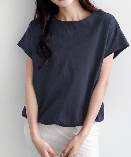 LOWO(ロワ)の「裾ゴムコットン半袖Tシャツ 綿100%(Tシャツ/カットソー・レディース・ホワイト/ネイビー/キャメル/ブラック・FREE)」の3枚目の写真