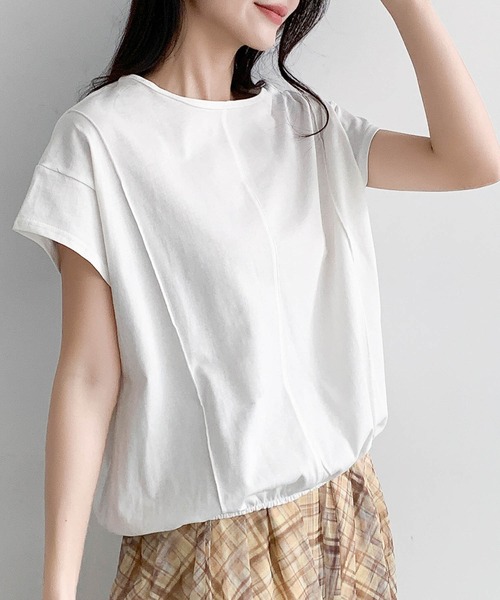 LOWO(ロワ)の「裾ゴムコットン半袖Tシャツ 綿100%(Tシャツ/カットソー・レディース・ホワイト/ネイビー/キャメル/ブラック・FREE)」の1枚目の写真
