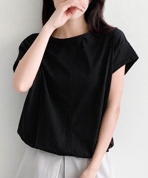 LOWO(ロワ)の「裾ゴムコットン半袖Tシャツ 綿100%(Tシャツ/カットソー・レディース・ホワイト/ネイビー/キャメル/ブラック・FREE)」の2枚目の写真