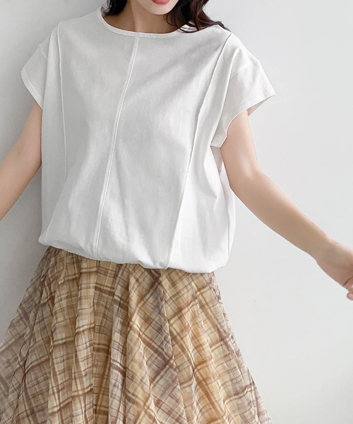 LOWO(ロワ)の「裾ゴムコットン半袖Tシャツ 綿100%(Tシャツ/カットソー・レディース・ホワイト/ネイビー/キャメル/ブラック・FREE)」の5枚目の写真
