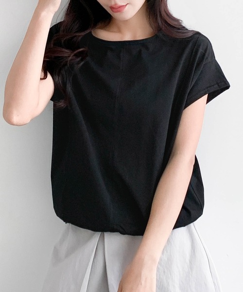 LOWO(ロワ)の「裾ゴムコットン半袖Tシャツ 綿100%(Tシャツ/カットソー・レディース・ホワイト/ネイビー/キャメル/ブラック・FREE)」の8枚目の写真