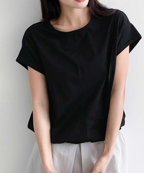 LOWO(ロワ)の「裾ゴムコットン半袖Tシャツ 綿100%(Tシャツ/カットソー・レディース・ホワイト/ネイビー/キャメル/ブラック・FREE)」の9枚目の写真