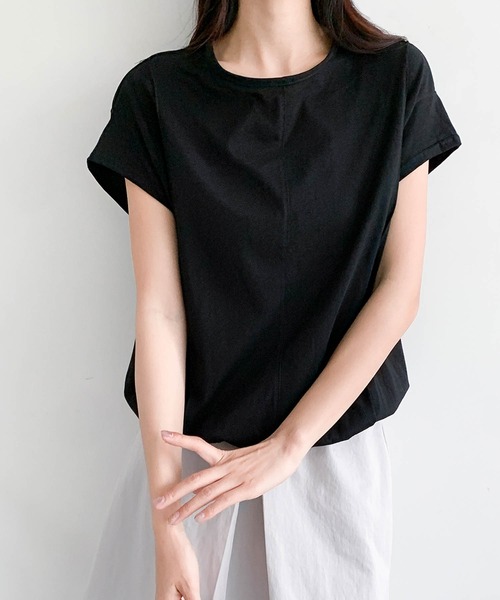 LOWO(ロワ)の「裾ゴムコットン半袖Tシャツ 綿100%(Tシャツ/カットソー・レディース・ホワイト/ネイビー/キャメル/ブラック・FREE)」の10枚目の写真