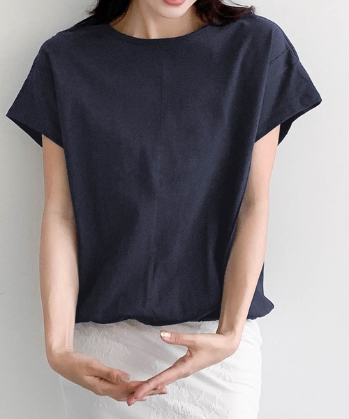 LOWO(ロワ)の「裾ゴムコットン半袖Tシャツ 綿100%(Tシャツ/カットソー・レディース・ホワイト/ネイビー/キャメル/ブラック・FREE)」の11枚目の写真