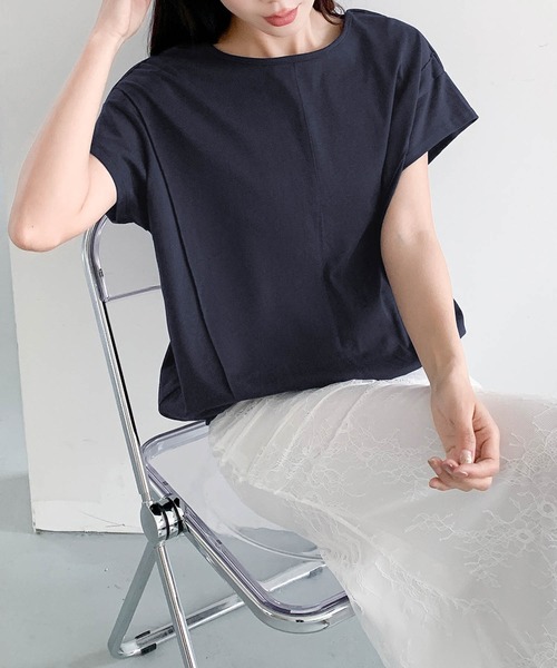 LOWO(ロワ)の「裾ゴムコットン半袖Tシャツ 綿100%(Tシャツ/カットソー・レディース・ホワイト/ネイビー/キャメル/ブラック・FREE)」の12枚目の写真